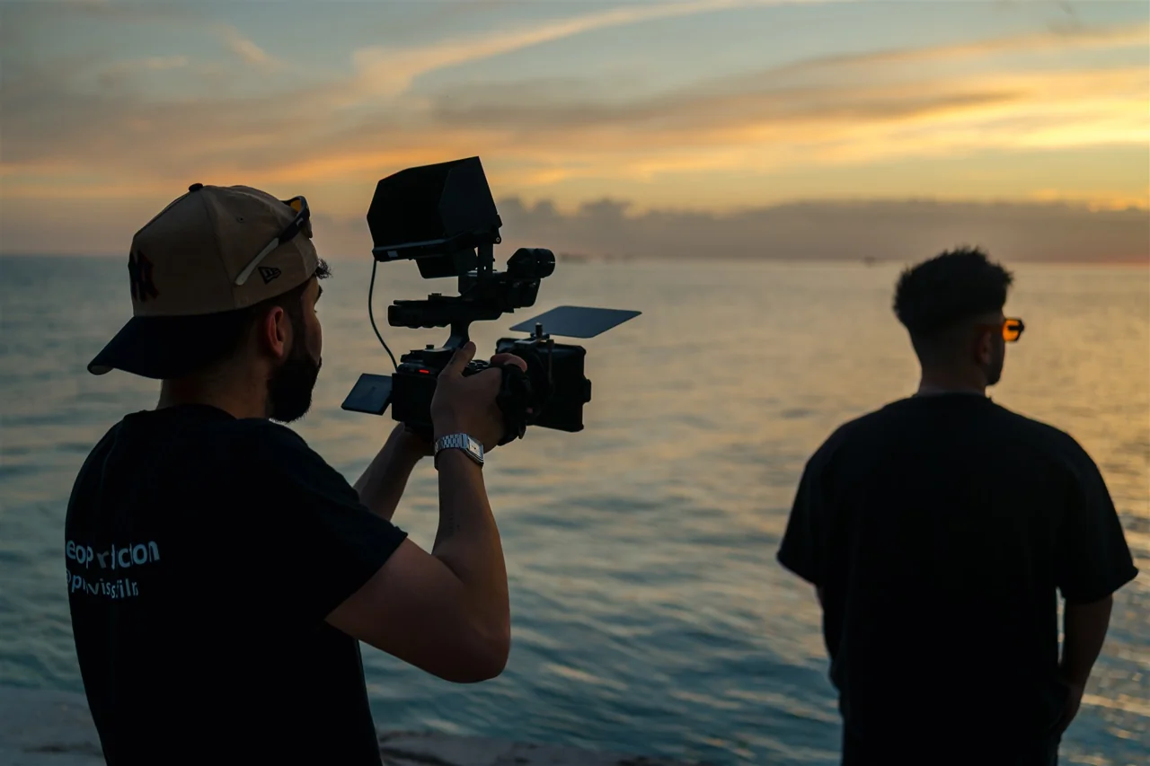Osmany filming by the ocean at sunrise